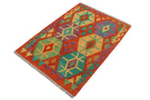 Flat Weave Kilim Antique Navaho Vintage handmade Geometric Kilim Rust Gold Hand-Woven Rectangle 100% Wool Area Rug 3x4